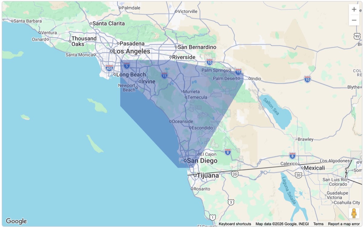 Map showing Happy Home Moovers' service area across Orange County, Temecula, San Diego, and nearby Southern California